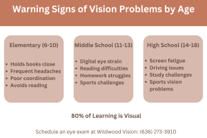 Age-based warning signs of vision problems in children, showing specific symptoms for elementary, middle school, and high school students, with emphasis on learning impact