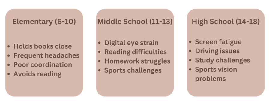 Age-based warning signs of vision problems in children, showing specific symptoms for elementary, middle school, and high school students, with emphasis on learning impact