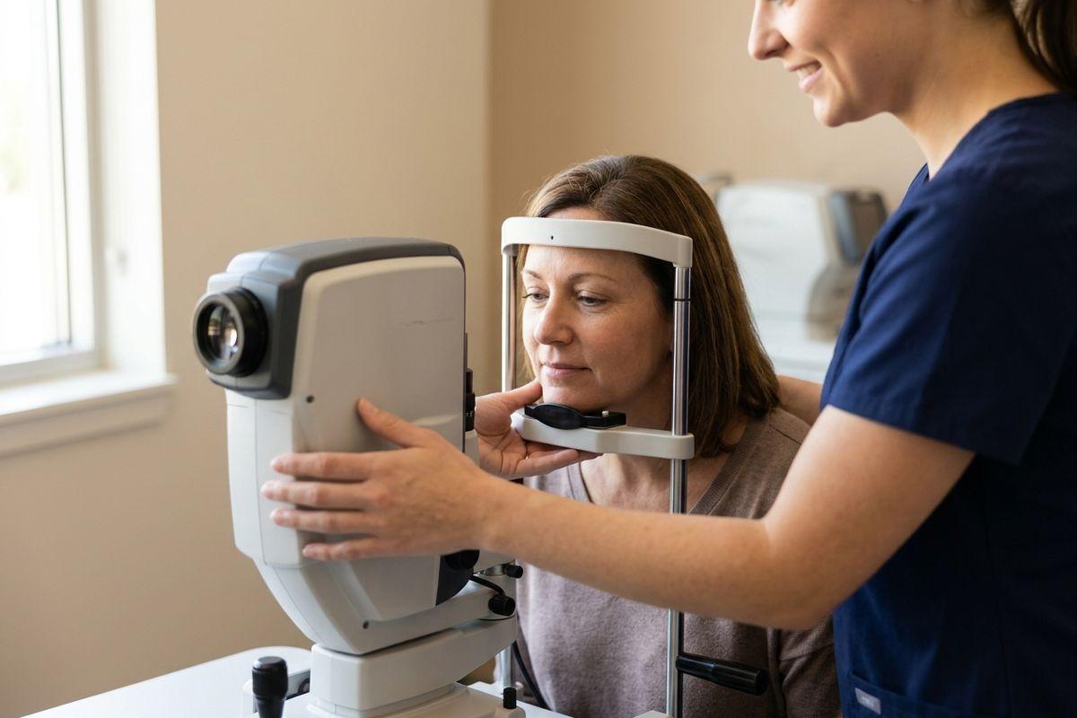 An optometrist smiling while positioning a patient's chin on a slit lamp machine during an eye exam in a clinic.