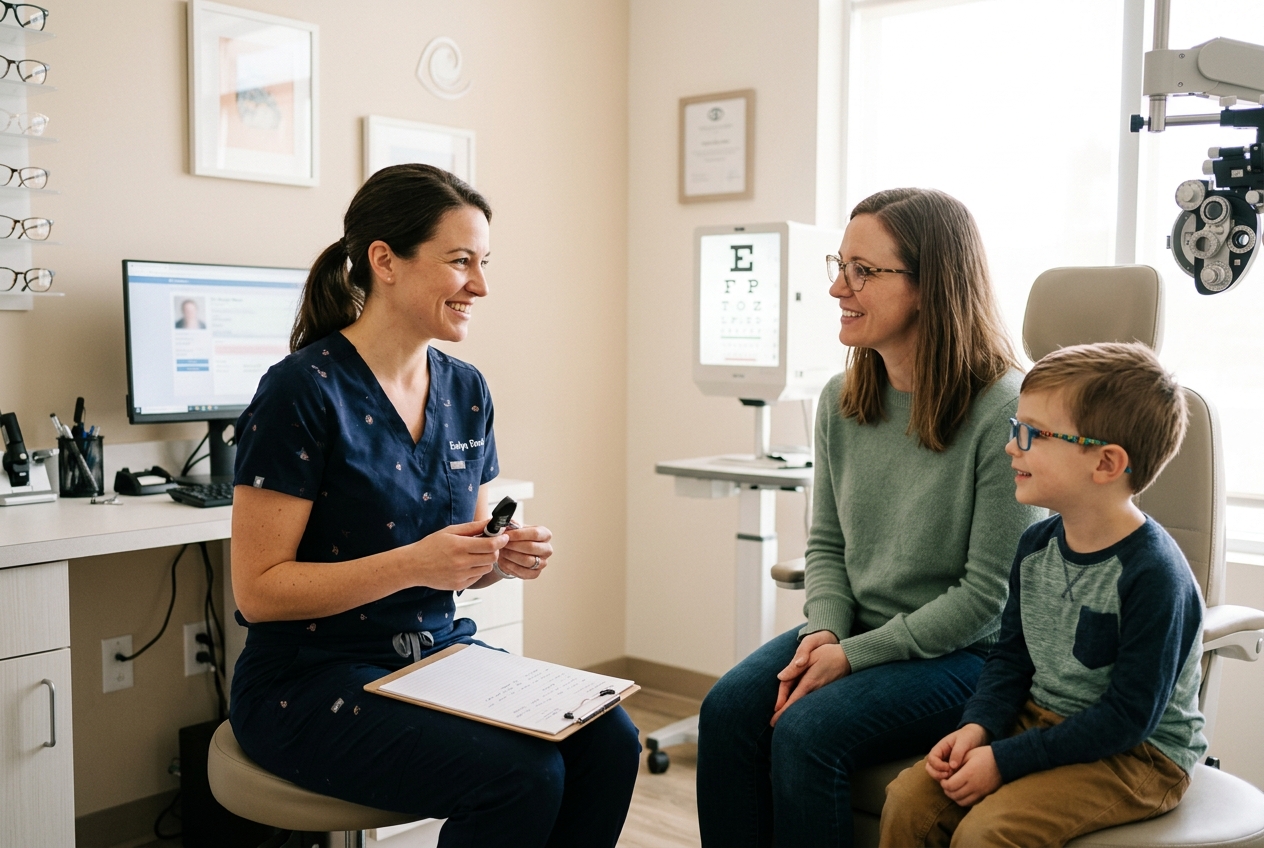Smiling optometrist with a clipboard talks with an adult and a child wearing glasses, who sits in an exam chair beside an eye chart and phoropter.