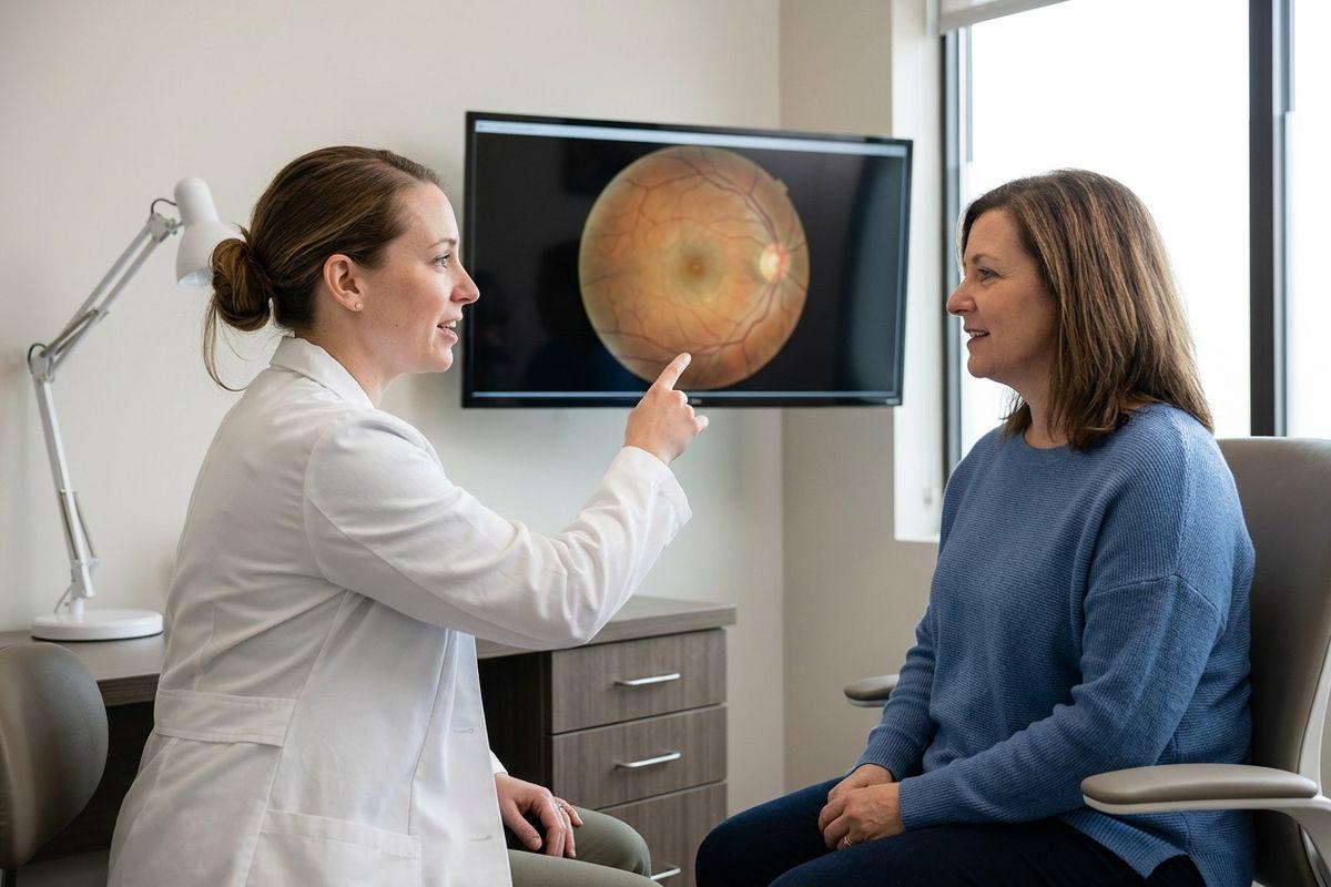Optometrist smiling and pointing to a retinal scan on a screen while consulting with a seated patient in a clinic room.