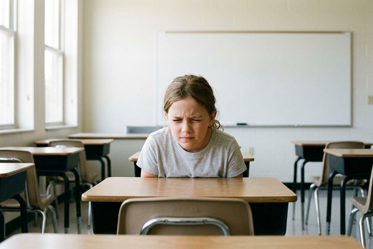 Child sitting alone at a desk in an empty classroom, looking downward with a distressed expression. Whiteboard and rows of empty desks visible.