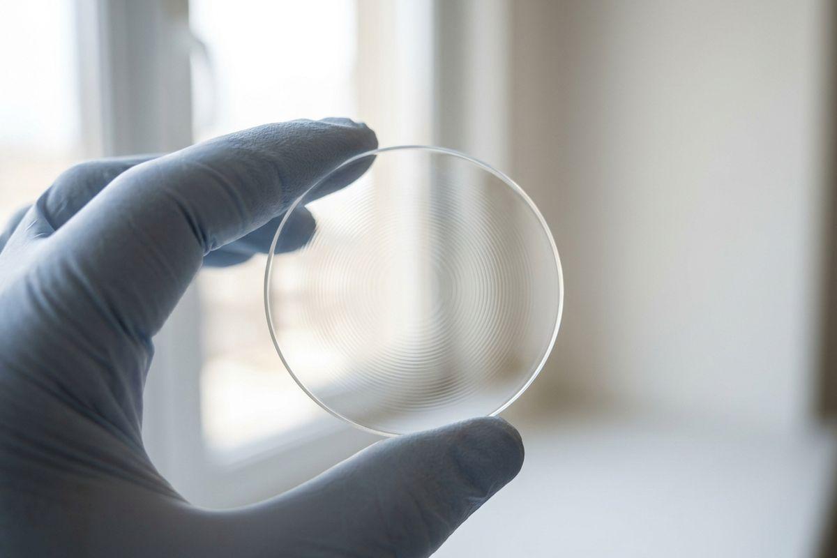 Gloved hand holding a clear circular optical lens with fine concentric ring patterns, against a bright window background.